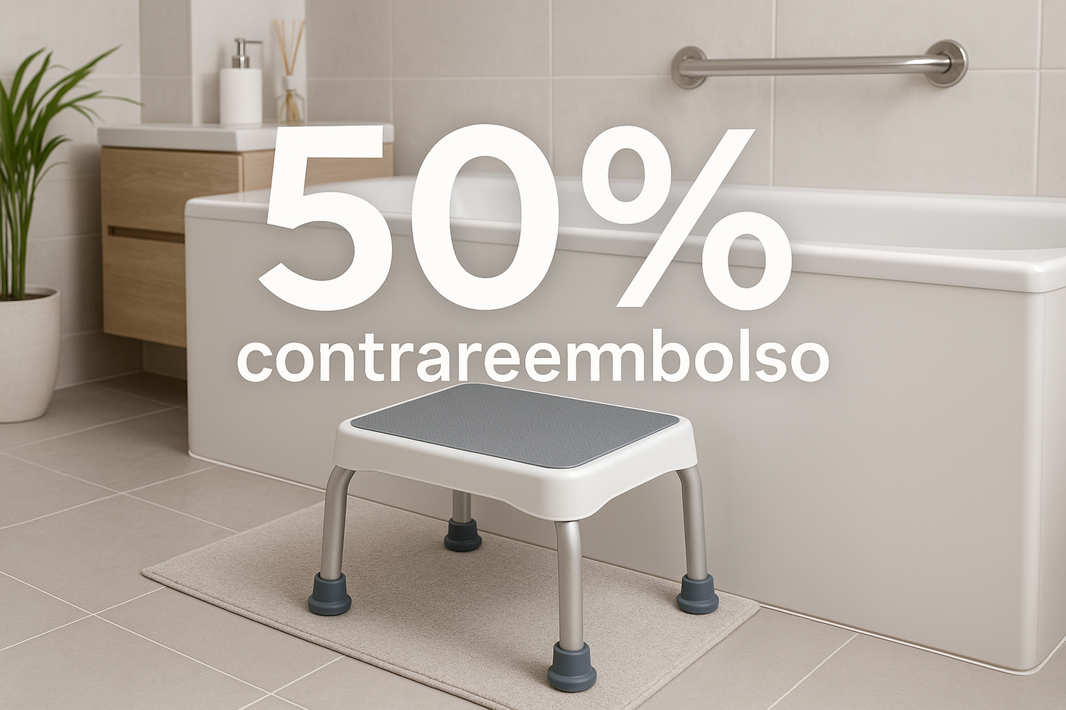 anciano entrando a bañera gracias a un escalon elevador que ponga "50%" y "contrareembolso"